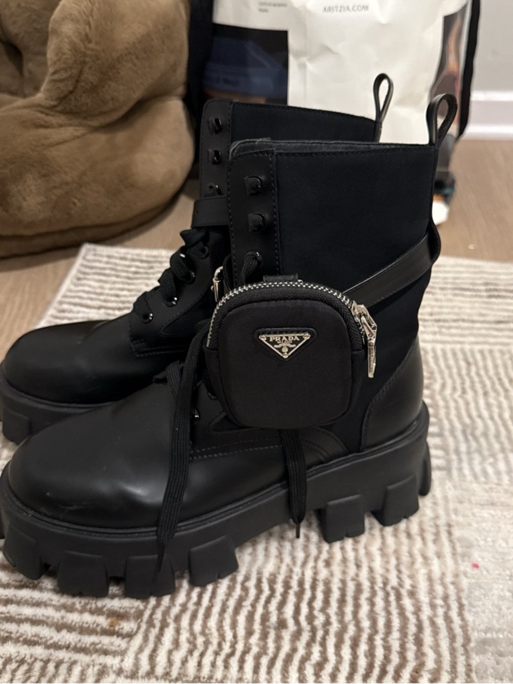 Prada Black Combat Boots with Detachable Mini Pouch